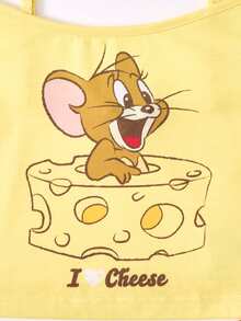 TOM & JERRY X SHEIN Women's Cute Cartoon Letter Print Cami Top And Elastic Waist Wide Leg Pants Pajama Set, Summer - Yellow - View 3