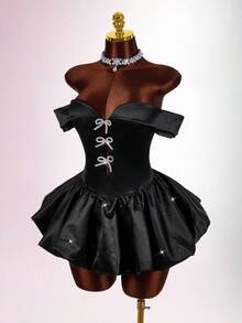 New Year & Valentine's Day Party/Date Off-Shoulder Rhinestone Bow Decor Bodycon Mini A-Line Dress Y2k Dress Black Satin Dress - Black - View 7