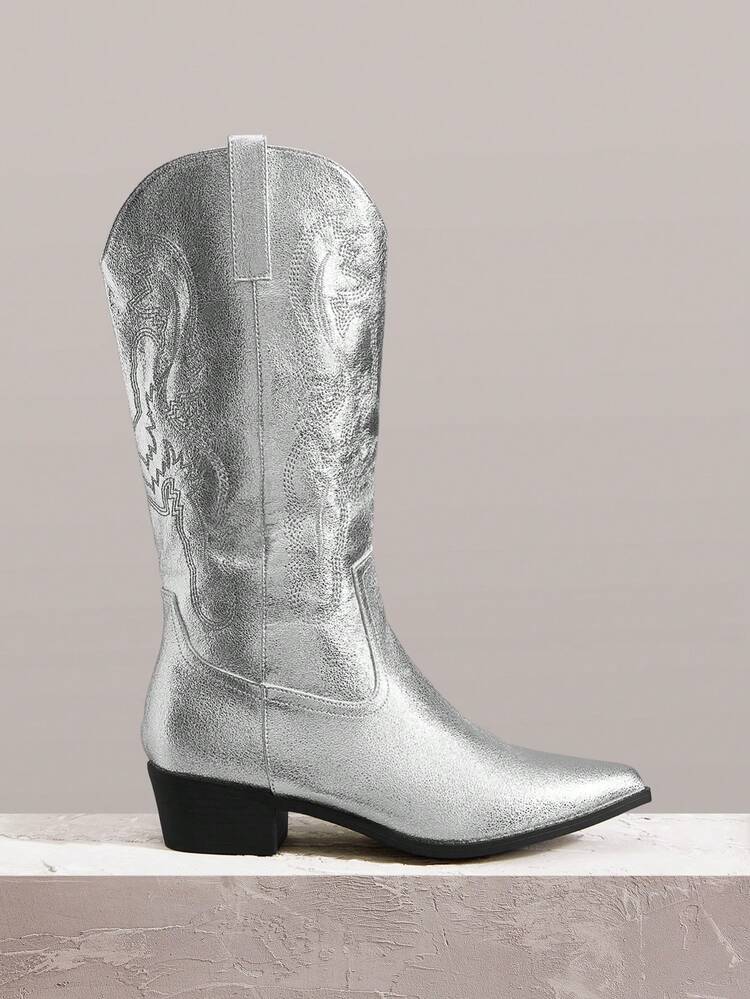 Styleloop Botas Cano Médio Femininas, Estilo Boêmio Western Music Festival, Adequadas para Festa, Natal, Fantasias de Halloween - Prata - Visão 1