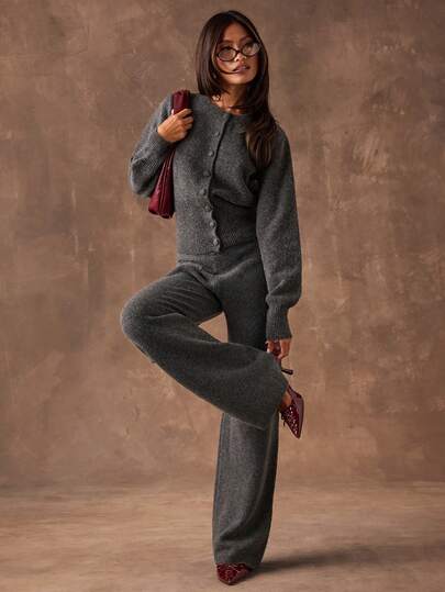 SHEIN BAE Bộ 2 áo khoác cardigan trơn màu và quần len thường ngày, Thu/Đông