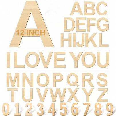 1pc Wooden Number Letters 12 Inch, Big Wooden Number Letter Shapes Cutouts Blank Unfinished Large Wood Alphabet Number Letters For DIY Crafts Wall Decor Painting Wedding Birthday Party Decoration Room Home Decorations