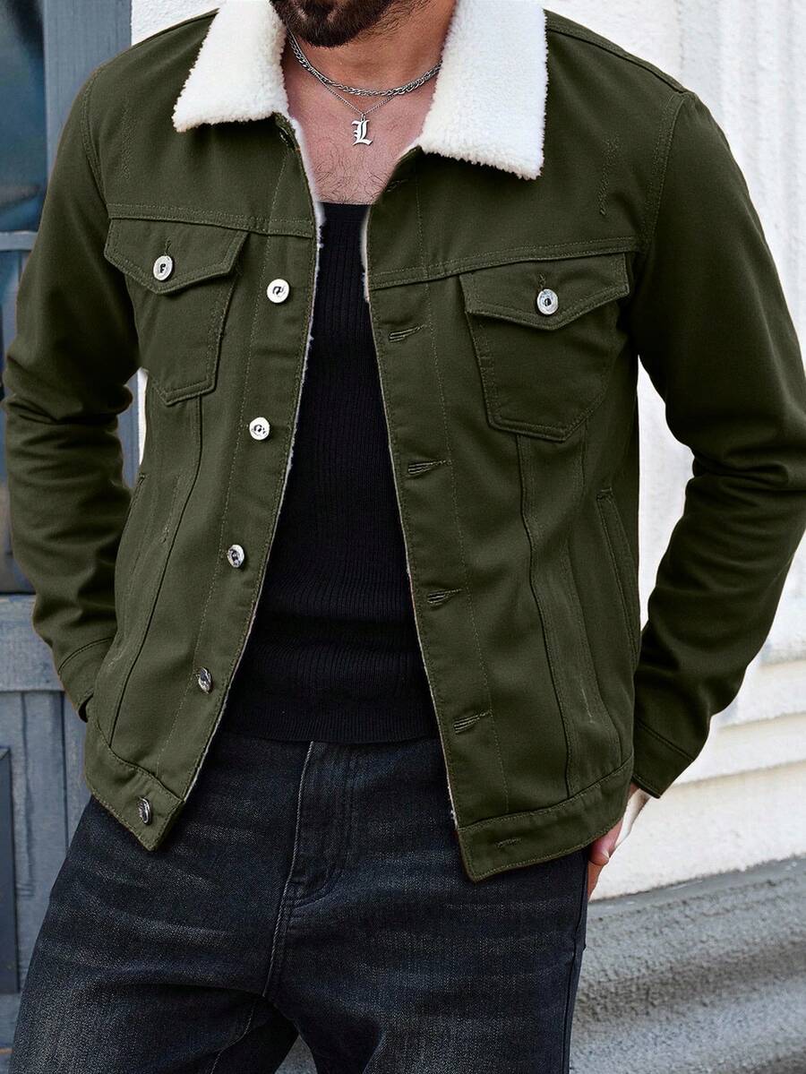 SHEIN Cottnline Men's Fleece Lined Denim Jacket With Patched Collar - Khaki - View 1