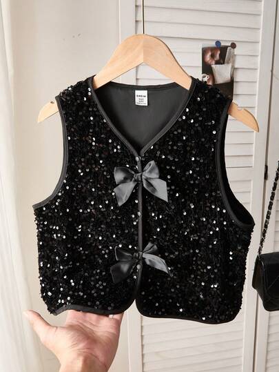 SHEIN 1pc Girls' Premium New Warm Fashionable Versatile Sleeveless Vest Jacket, Solid Color, Dark Gray, Suitable For Outings, School, Daily Wear, Outer Layer, Gatherings, Spring/Autumn/Winter, Short Vest, Please Choose According To Our Size Chart