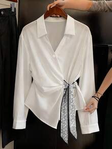 Franclia 女士休闲法式白色高腰衬衫，新款独特小众华丽丝巾装饰长袖上衣，秋季款 - 白色 - 查看 3