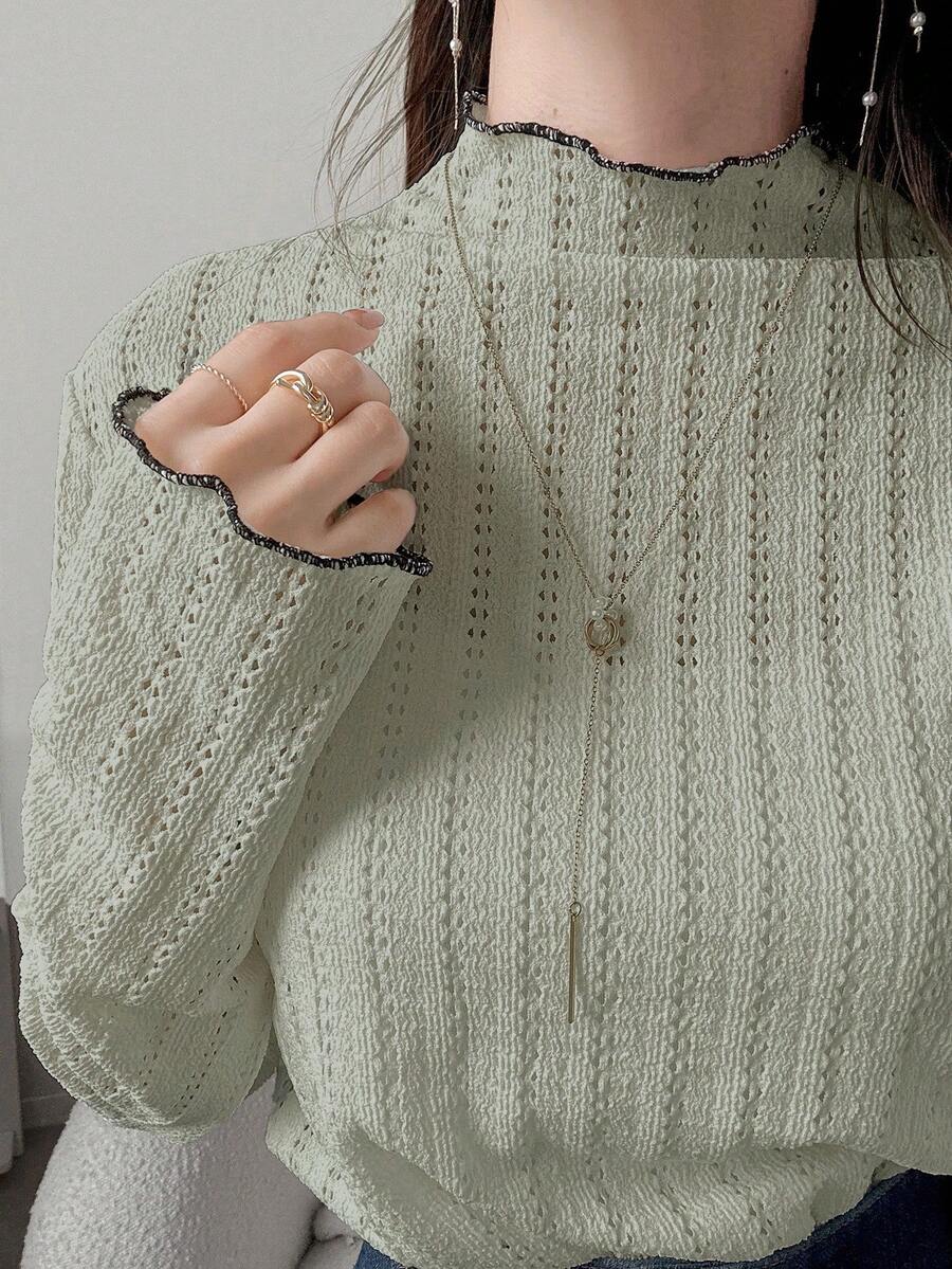 FRIFUL 女士休闲纹理荷叶边下摆长袖T恤，秋季款 - 淺藍色 - 查看 1