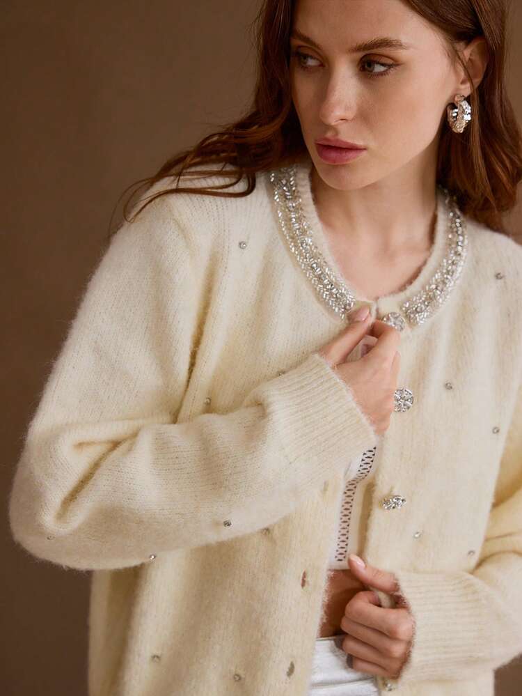 KOBIECY JESIEŃ/ZIMA KARDIGAN DZIANINOWY ZDOBIONY KAMIENIAMI STRINGOWYMI