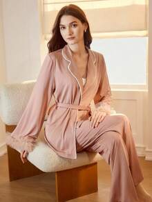 MOTF PREMIUM CONTRAST BINDING LAPEL COLLAR CONTRAST MESH RUFFLE DETAIL BELTED TOP & PANTS LOUNGE SET