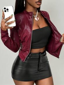 BamGleam Burgundy Faux Leather Texture Slim Fit Zip-Up Jacket With Stand Collar - Burgundy - View 8