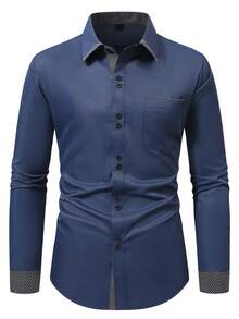 Manfinity Mode Plus Size Men's Patchwork Plaid Cuff Single-Breasted Casual Commuter Shirt - Navy Blue - View 3