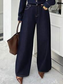 DAZY Solid Color Loose Button Decor Ankle Cuff Straight Leg Black Jeans - Navy Blue - View 6