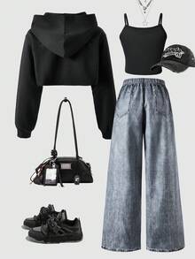 SHEIN ChillGRL 3pcs/Set Street Cool Casual Teen Girls Loose Denim Print Pants, Cropped Camisole Top, And Long Sleeve Hoodie Outfit, Fashion Fall Winter - Black - View 2