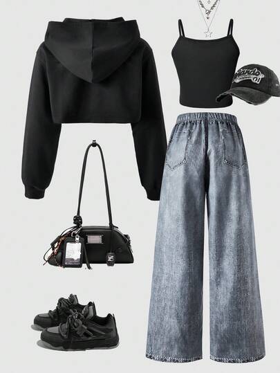 SHEIN ChillGRL Bộ 3 món quần denim rộng rãi in họa tiết thời trang đường phố cho bé gái tuổi teen, áo hai dây ngắn và áo hoodie dài tay, thời trang