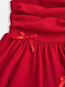 SHEIN Firerie Kids Váy không tay nhún bèo viền bèo nhún cho bé gái tuổi mới lớn có nơ trang trí dễ thương, váy voan thường ngày thích hợp cho tiệc sinh nhật, tụ tập, đám cưới, mẹ con gái, chị em gái - Đỏ - Xem 4