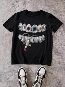SHEIN Áo thun tay ngắn cổ tròn in họa tiết cho bé trai tuổi mới lớn thời trang thường ngày - màu đen - Xem 5