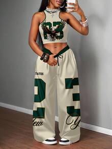 Slaydiva Light Yellow Set/Going Out Set For Women/Women's Casual Streetwear Camisole And Loose-Fitting Pants Two Pieces Suit / Y2k Clothing / Streetwear / Women's Two Pieces Suits / Back To School / Casual Streetwear / Hip-Hop Suits /NO.23& Eagle Graphic - Multicolor - View 5