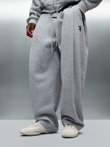 PLAYBOY X SUMWON Relaxed Fit Essential Sweatpants With Logo Bunny Emblem Casual Lounge Pants For Daily Comfort - Light Grey - View 5