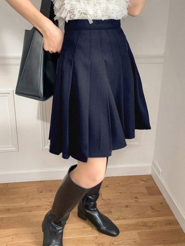 FRIFUL Women's Black A-Line Pleated Midi Skirt, Academic Style, Summer Clothing - Navy Blue - View 3