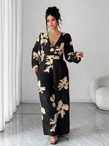 Elenzga Fashionable Autumn/Winter French Romantic Vintage Casual & Commute V-Neck Printed Waist Cinched Puff Sleeve Jumpsuit