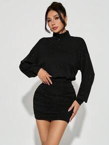 SHEIN PETITE Đầm dự tiệc Tea Party cổ cao xếp ly ôm vừa vặn - màu đen - Xem 6