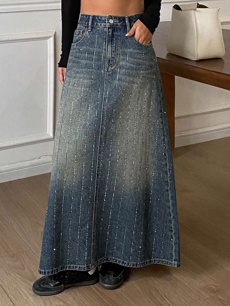 Vintage Washed Denim A-Line Casual Retro Long Skirt For Women, Autumn/Winter Y2k