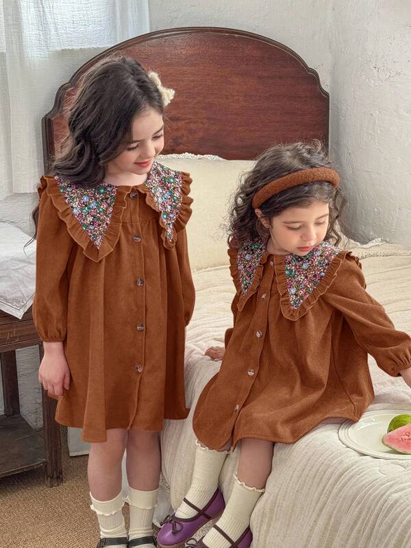 LMoss Kids 女童纯色拼接碎花彼得潘领休闲连衣裙