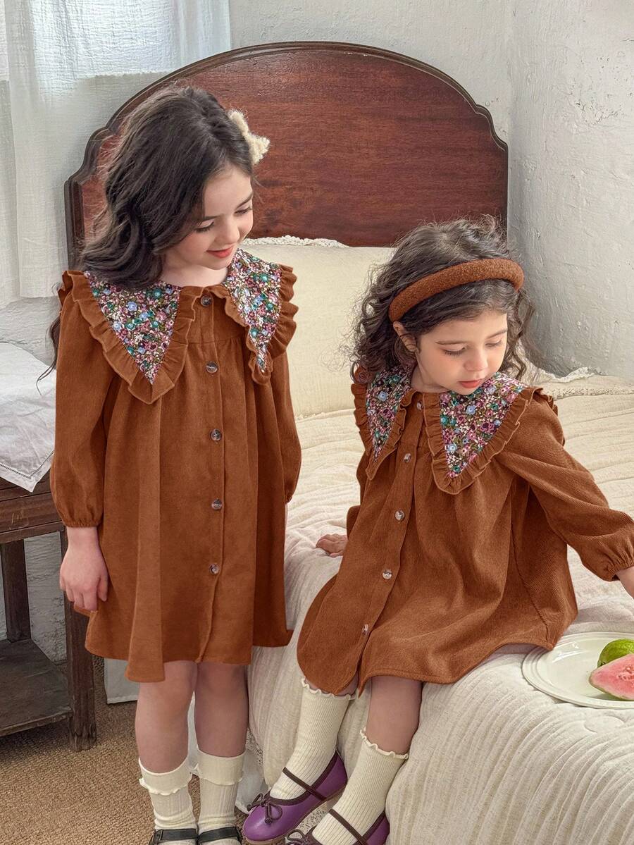 LMoss Kids 女童纯色拼接碎花彼得潘领休闲连衣裙 - 鏽棕色 - 查看 1