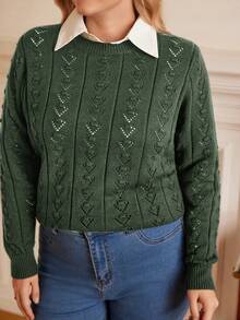 EMERY ROSE Plus Size Winter Casual Elegant Knitted Floral Pattern Fitted Round-Neck Sweater Pullover, Suitable As A Base Layer Or Outerwear For Work, Shopping, Vacation, Parties, Music Festivals, Home Wear, Back-To-School Events, And As A Gift.,Fall Clothes For Women Autumn - Army Green - View 3