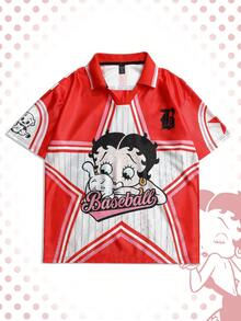 ROMWE MEN Betty Boop | ROMWE Camisa polo de manga corta con estampado gráfico de figura de dibujos animados y estrellas, casual de verano para hombres - Rojo - Ver 1