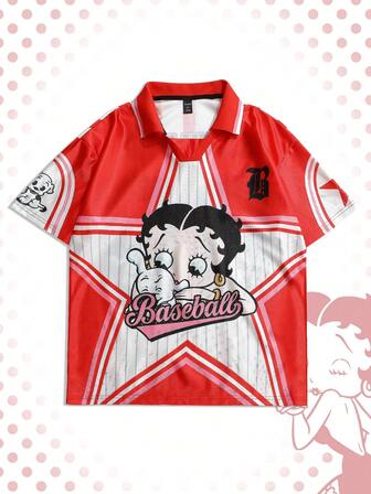 Betty Boop | ROMWE Men's Casual Cartoon Figure Graphic & Star Print Short Sleeve Polo Shirt, Summer