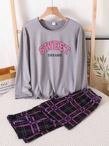 SHEIN 4pcs Girls Letter Print Long Sleeve Top + Plaid Pants Casual Homewear Set Soft Pajamas Set Tween Girls Pajamas-Pajama Set Pink And Gray Letter Print Round Neck Long Sleeve Top With Plaid Pants Cozy Loungewear Four Season Sleepwear 2026 New Year Essential - Multicolor - View 8