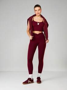 Missguided x Playboy Hochtaillierte Athletik-Leggings mit Seitenstreifen-Detail und Hase-Logo für einen aktiven Lebensstil und Fitness-Training - Bordeaux - Übersicht 3