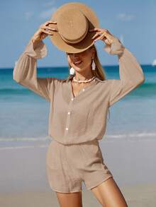 SHEIN Swim Áo choàng dài tay tối giản màu trơn dành cho nữ, mặc hàng ngày - Màu Khaki - Xem 7