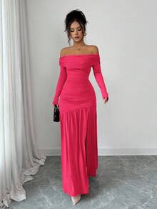 Lyxana Váy dệt kim dài tay ôm sát hở vai thanh lịch cổ điển dành cho nữ, mùa thu/đông, Halloween - Màu Hồng Tươi - Xem 4