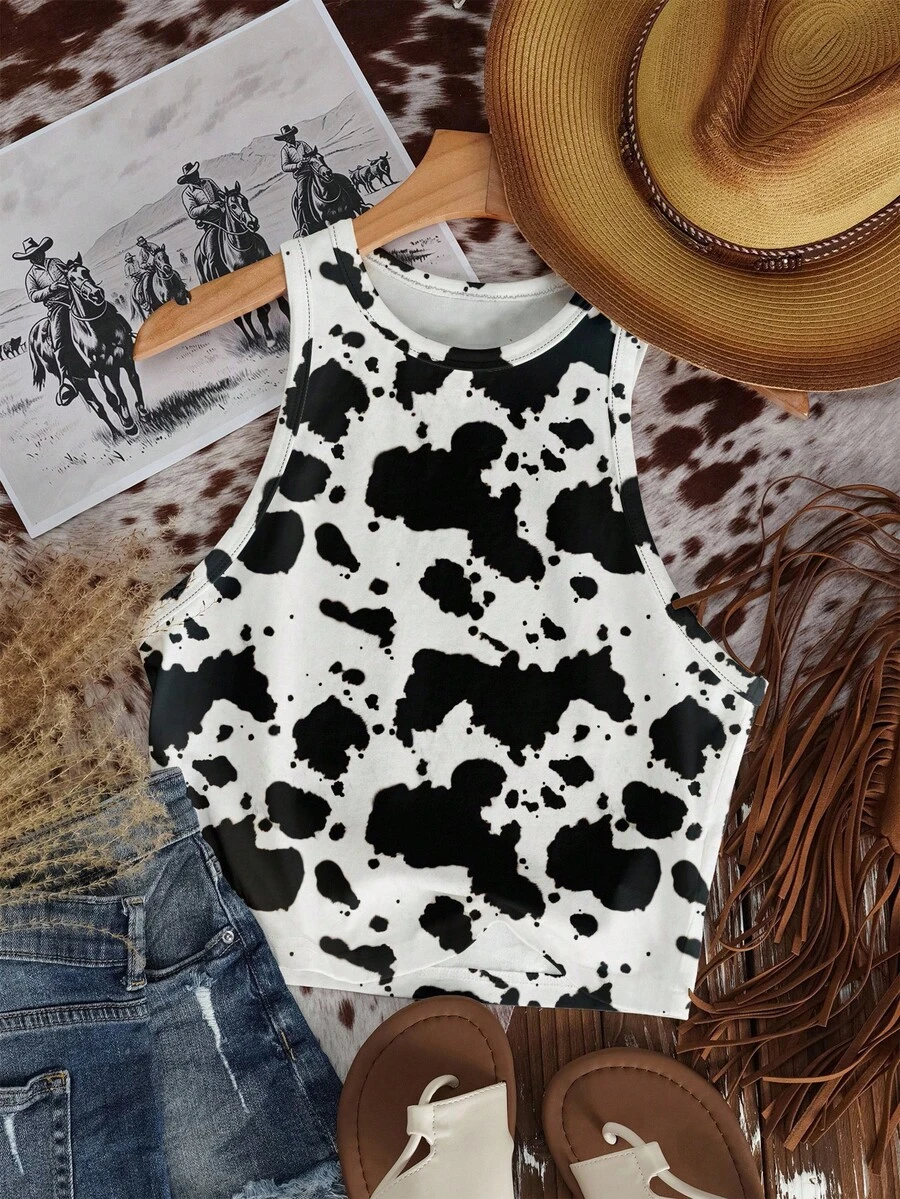 SHEIN EZwear 休闲简约圆领奶牛印花西部波西米亚风修身背心，适合夏季、度假、春假穿着