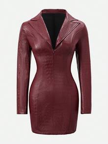 Almamuse 女士长袖西装领PU皮革前拉链迷你连衣裙 - 酒紅色 - 查看 8
