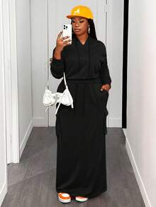 Slaydiva 秋冬新品，适合音乐节、复活节、生日派对、日常休闲、度假、邮轮旅行、海滩、日光浴等场合，流行橙色长袖连帽衫和工装口袋半身裙套装，大码两件套，长裙两件套。 - 黑色 - 查看 9