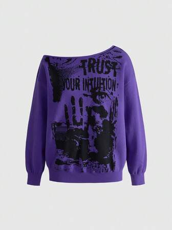 Grunge Punk Suéter holgado asimétrico de hombro para mujer con estampado de teñido anudado de esqueleto y festival de música vintage