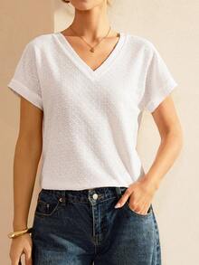 Lymera 女士新款V领短袖提花褶皱纹理T恤，春夏款 - 白色 - 查看 4