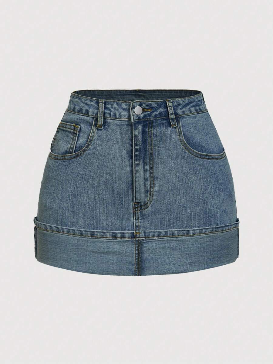 SHEIN MOD Women's Casual Versatile Denim Mini Skirt With Pockets And Rolled Hem - Blue - View 1