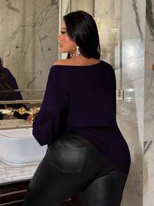 NU&NOW 女士休闲宽松纯色长袖加大码T恤 - 紫色 - 查看 3