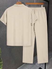 Manfinity Homme 男士纯色翻领短袖单排扣衬衫和裤子休闲套装 - 杏色 - 查看 2