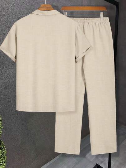 Manfinity Homme Men's Solid Color Lapel NeckShort Sleeve Single-Breasted Shirt And Pants Casual Suit Men's Co Ord Set Cream Outfit Men Men Two Pieces Set Summer Linen Two Pieces Set Men Linen Men Walking Suit