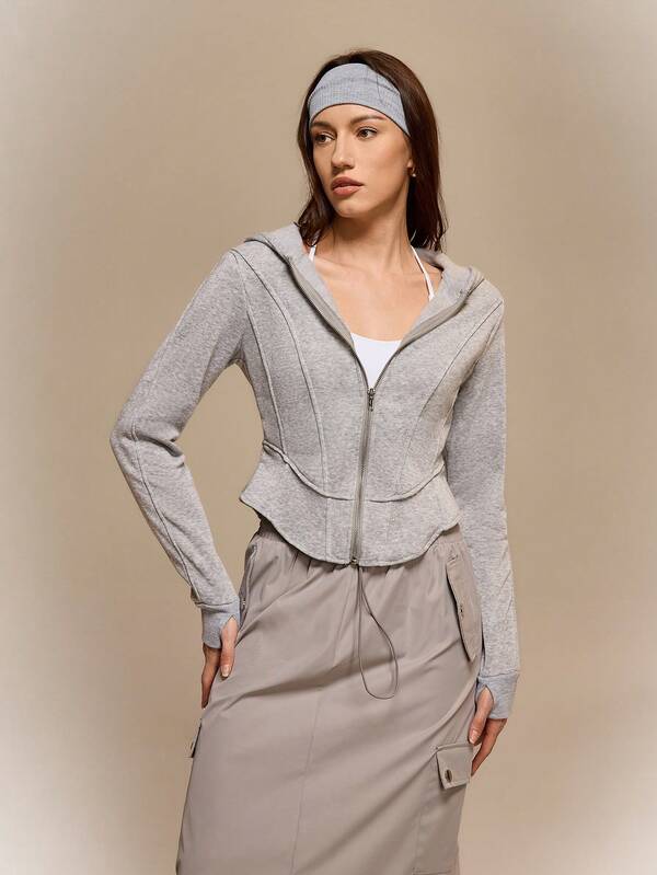 Hanevo 女士纯色束腰全拉链长袖卫衣，收腰设计，打造高级休闲居家服系列，现代时尚单品，秋冬必备。