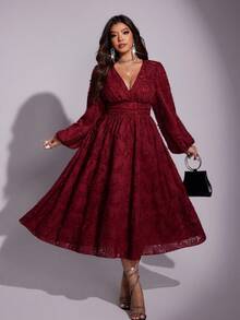 Viva Relle Plus-Size Deep V-Neck Long-Sleeve Waist-Cinching Solid Color New Year Dress - Burgundy - View 4