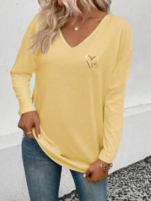 EMERY ROSE Women's Casual Heart Print V-Neck Long Sleeve Versatile T-Shirt, Autumn/Winter - Yellow - View 6
