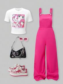 SHEIN ChillGRL 青少年女孩圆领修身短袖卡通印花 T 恤和字母印花背带裤 2 件套