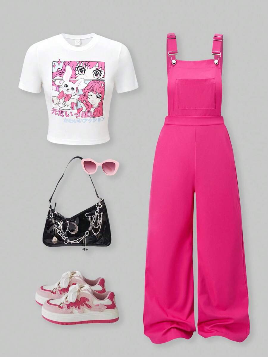 SHEIN ChillGRL 青少年女孩圆领修身短袖卡通印花 T 恤和字母印花背带裤 2 件套