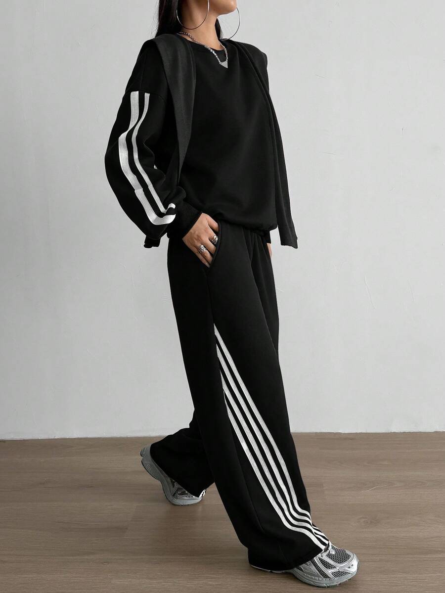 Aidyla 2pcs Set Contrast Color Striped Fleece Hoodie Sweatshirt, Fashionable Street Style - Black - View 1