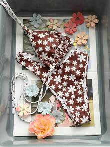 Swim Mod 双面印花两件式比基尼套装，花卉波点图案，系带泳裤，性感挂脖泳衣，适合海滩、泳池、生日派对等场合。 - 彩色 - 查看 6