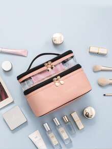 透明双层化妆包，大容量PU防水洗漱收纳包，旅行日常两用，便携式化妆箱 - 彩色 - 查看 6